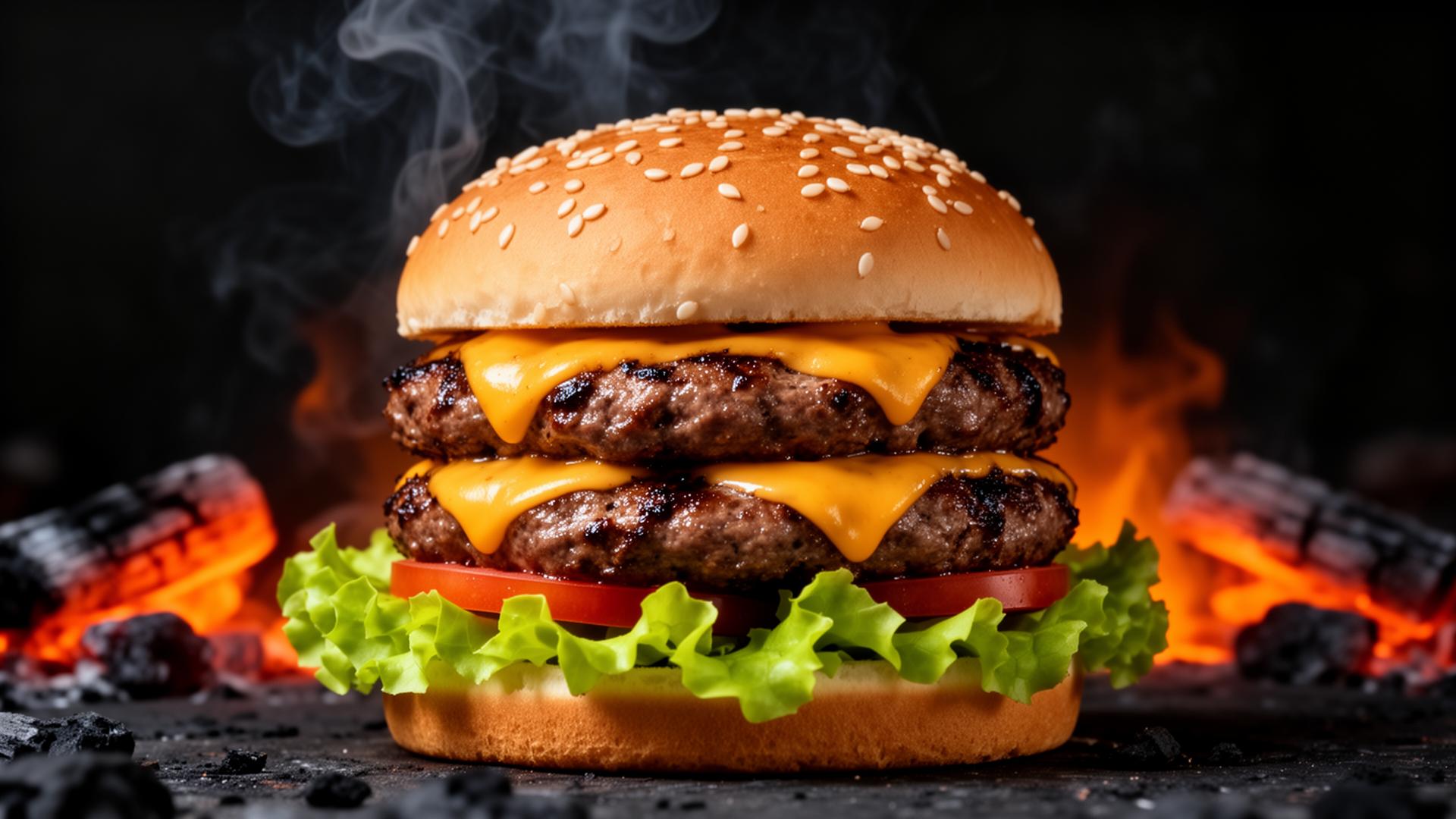 Flame-grilled double cheeseburger over hot embers